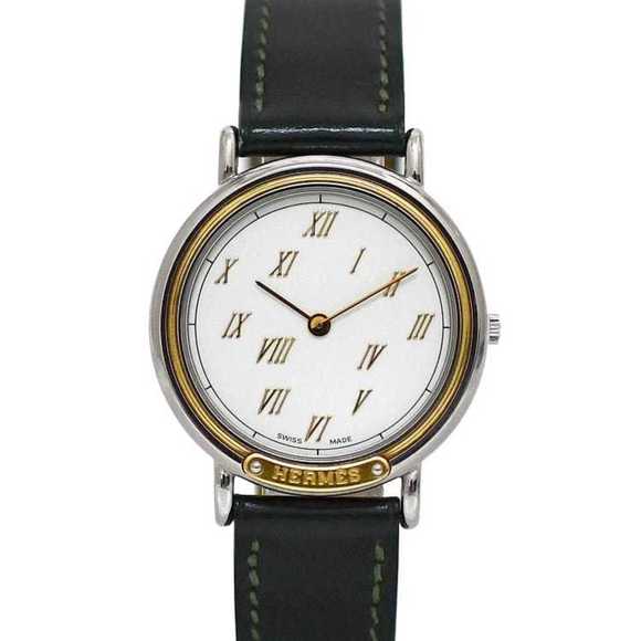 HERMES Other - Hermes Watch Meteor f-21083 White Silver Gold Dark Green Boys 32mm SS Leather...